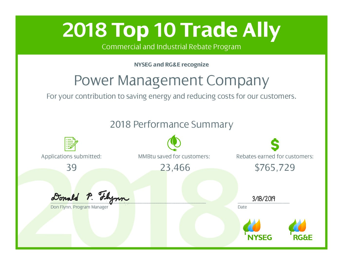 Power Management Named NYSEG and RG&E Top Trade Ally